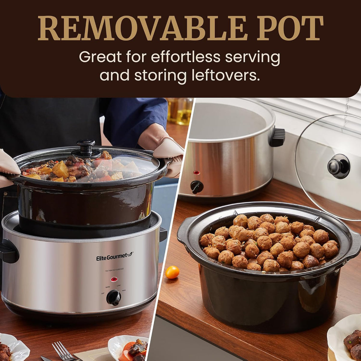 Elite Gourmet Stainless Steel Slow Cooker, Dishwasher-Safe with Tempered Glass Lid, Cool-Touch Handles, Removable Stoneware Pot, 8.5 Quart,MST-900V