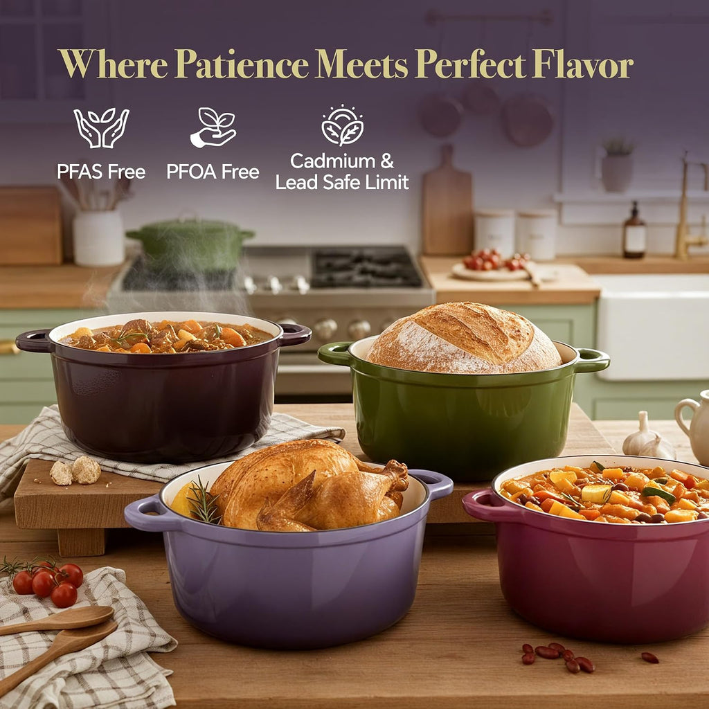 Vintage Style 6 Quart Dutch Oven Pot with Lid, Non Stick Enameled Cast Iron Dutch Oven for Bread Baking, Heavy-Duty, Oven Safe Ceramic Cookware Up to 500°F for Baking, Braising, Stews, Roasting, Purple