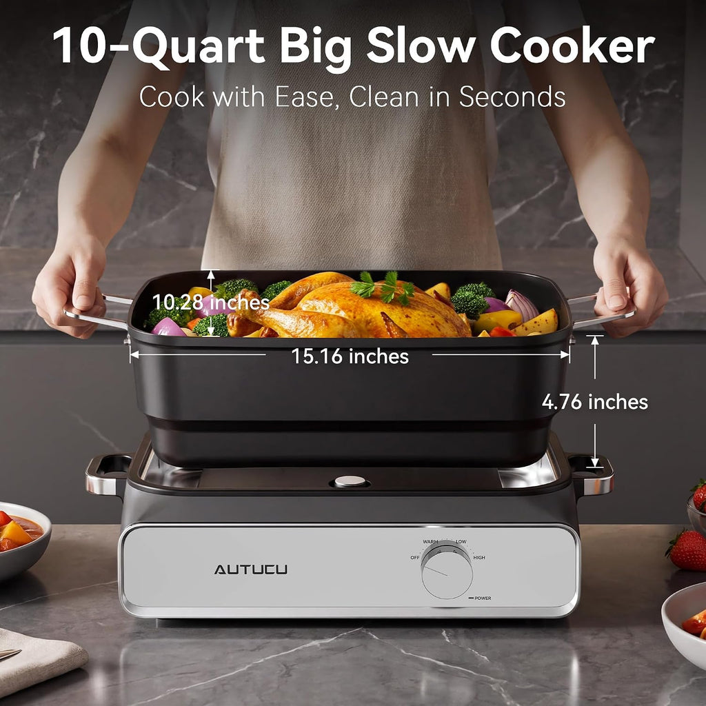 Slow Cooker 10-Quart - PFOA-Free Ceramic Coating, Oven Safe to 450°F | Keep Warm Function for Large Family Gatherings (Includes Silicone Spoon)