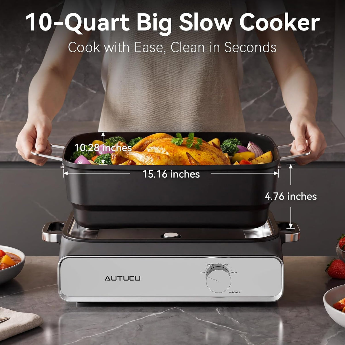 Slow Cooker 10-Quart - PFOA-Free Ceramic Coating, Oven Safe to 450°F | Keep Warm Function for Large Family Gatherings (Includes Silicone Spoon)