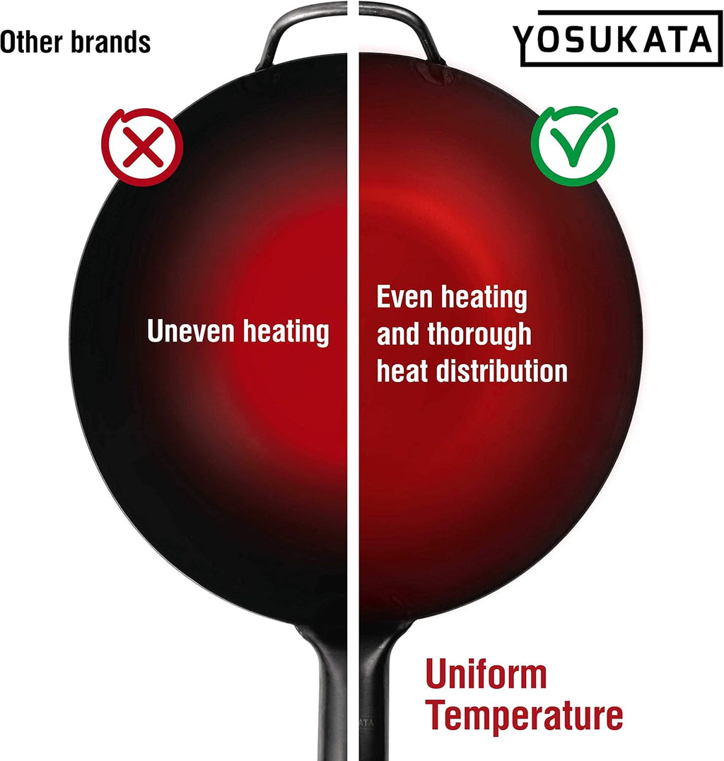 YOSUKATA 11.8" Pre-Seasoned Flat Bottom Black Carbon Steel Wok for Stir Fry