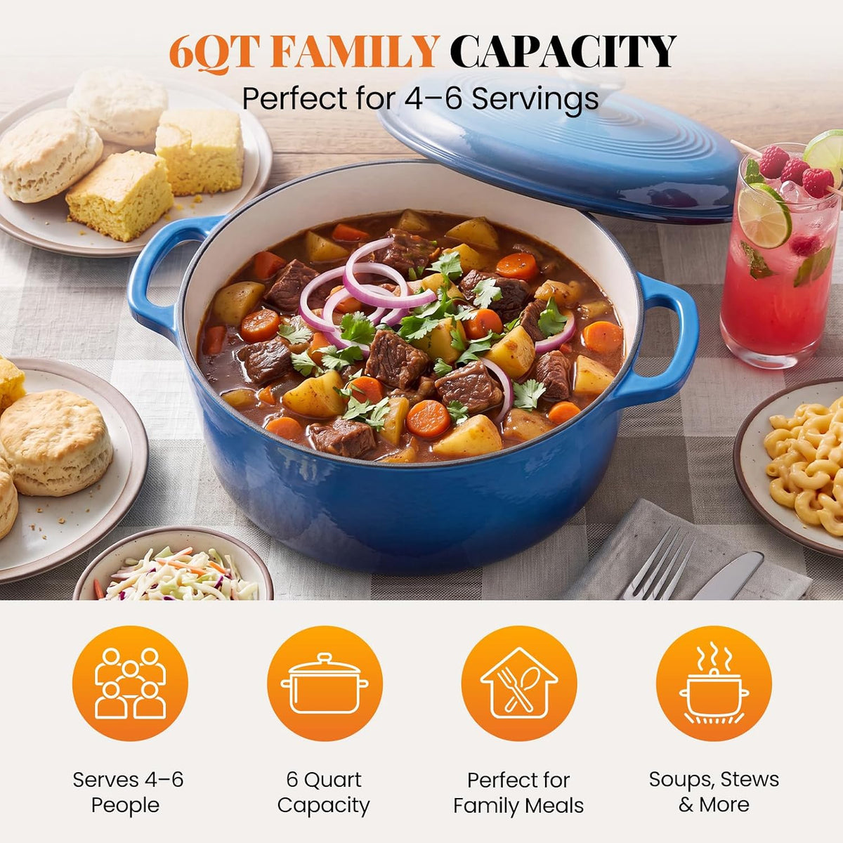 Sweetcrispy 6 Qt Enameled Cast Iron Dutch Oven Pot with Lid, Blue