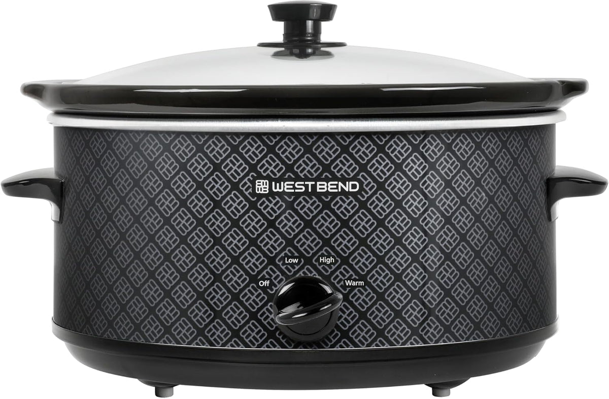 West Bend Slow Cooker 6-Quart Manual Crockery Style with Dishwasher Safe Oval Ceramic Crockpot and Glass Lid Two Temperature Settings Plus Keep Warm, 330-Watts, Black