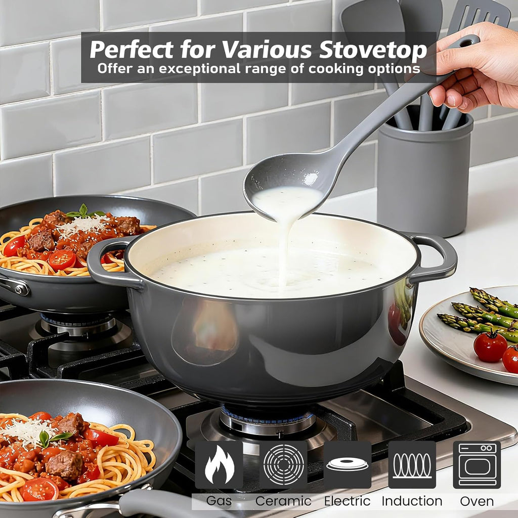 Enameled Cast Iron Dutch Oven - Umite Chef 6QT Pot with Lid & Cotton Potholders - Dual Handles -Versatile Heavy Duty Cookware for Bread Baking, Braising, Stews, Roasting(Grey）