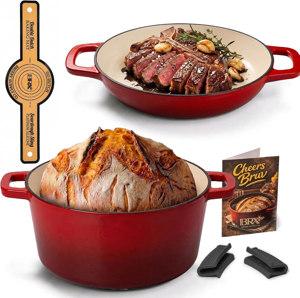 Brixby 5 QT Sourdough Dutch Oven, Enameled Cast Iron with Skillet Lid