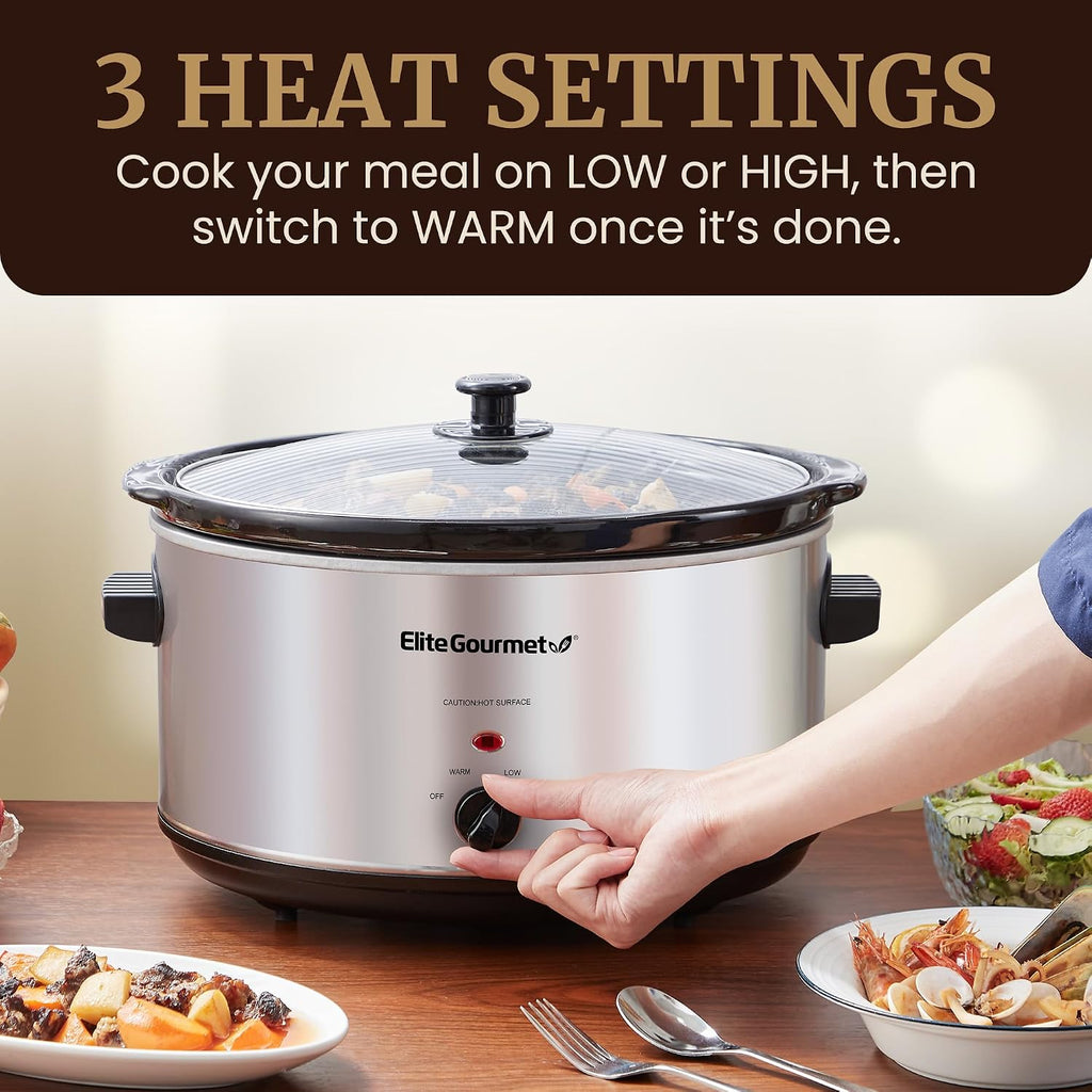 Elite Gourmet Stainless Steel Slow Cooker, Dishwasher-Safe with Tempered Glass Lid, Cool-Touch Handles, Removable Stoneware Pot, 8.5 Quart,MST-900V