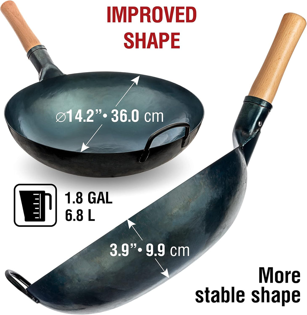 YOSUKATA 14” Blue Carbon Steel Wok with Round Bottom
