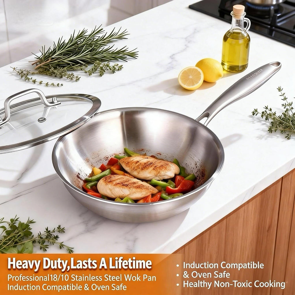 DELARLO Tri-Ply Stainless Steel Woks, 12 Inch Healthy Non-Toxic Cooking Wok Pan with Lid, Wide & Deep Cookware Stir-Fry Pans, Dishwasher and Oven Safe Up To 600°F, Works on Induction，Detachable Handle