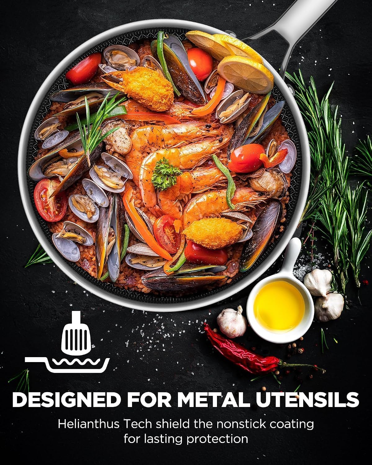 Wok pan with Lid, Hybrid Ceramic 13 Inch Tri-Ply Stainless Steel Woks