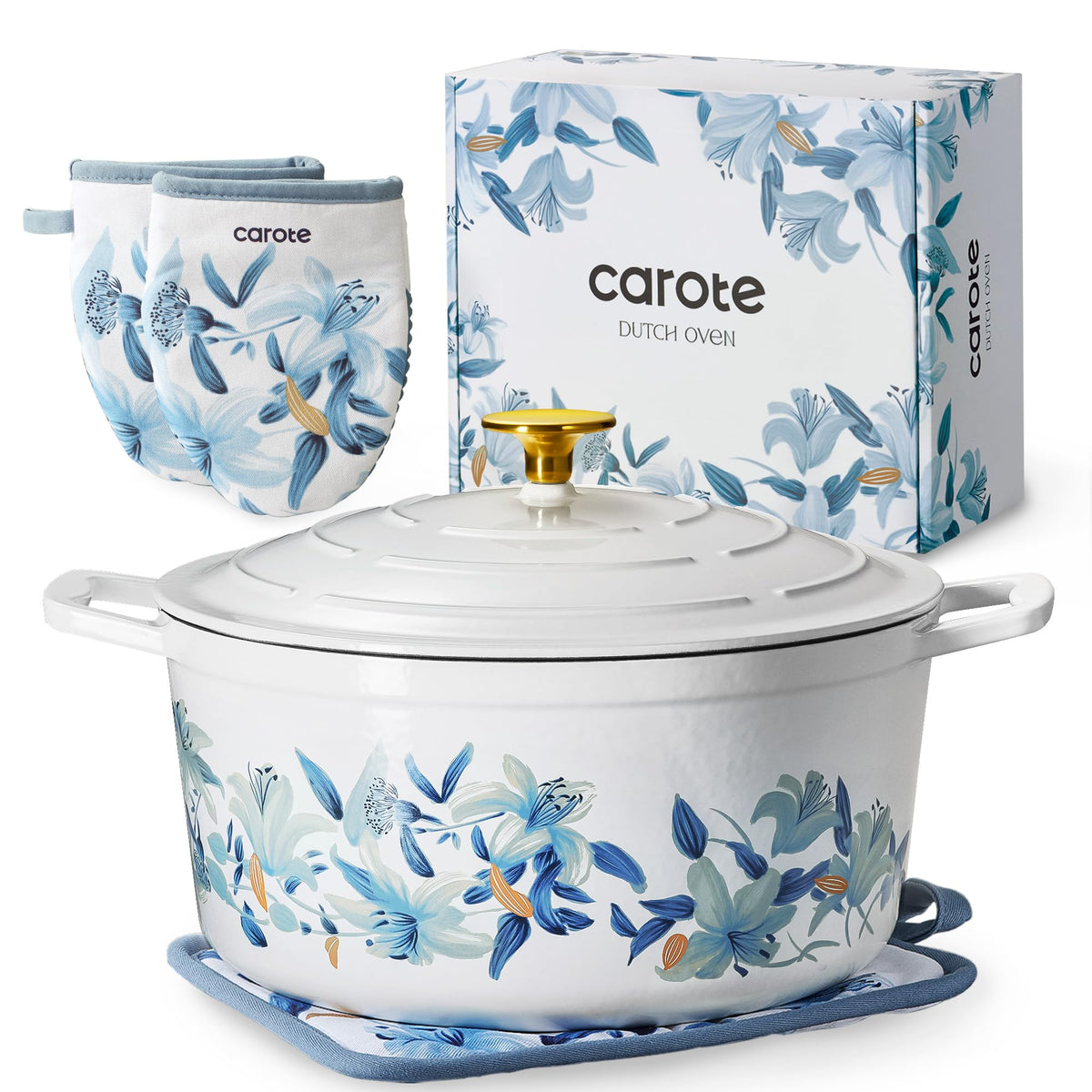 CAROTE 5QT Enameled Floral Cast Iron Dutch Oven Pot with Lid