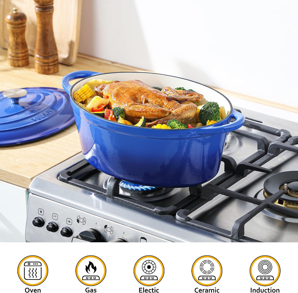 Velaze 7.5 QT Oval Enameled Cast Iron Dutch Oven Pot with Lid,Blue