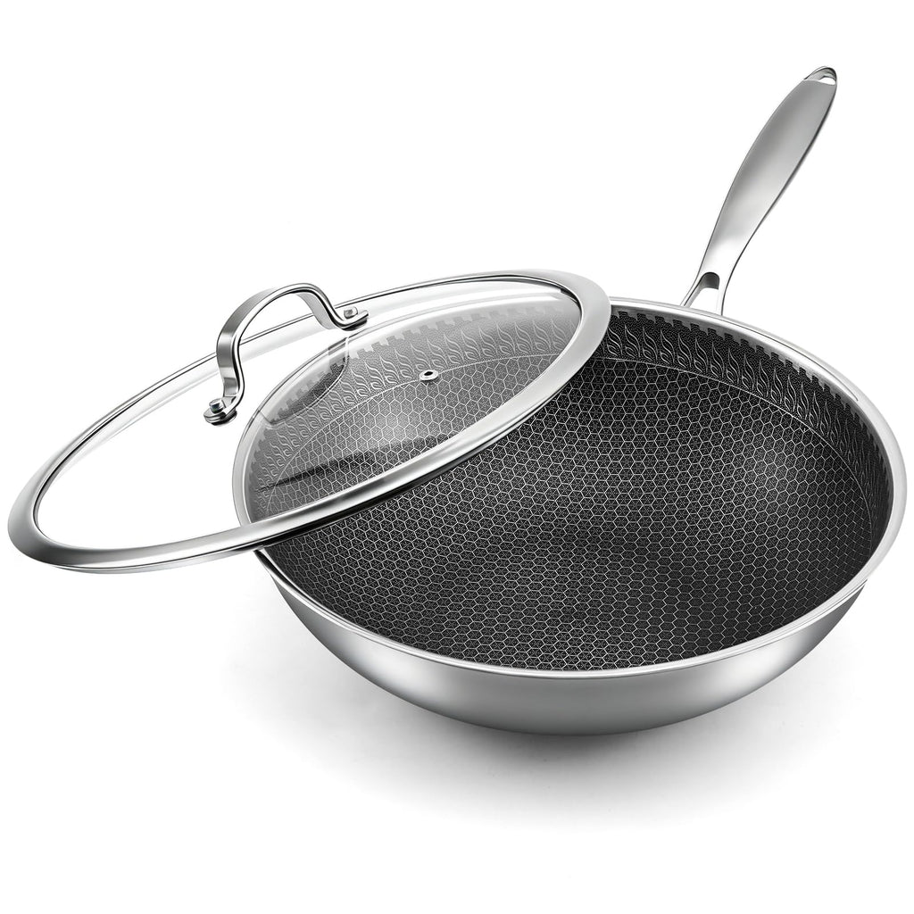 12.6 Inch Stainless Steel Honeycomb Wok Pan with Standing Glass Lid, Flat Bottom Stir Fry Pan for Induction, Gas & Electric Stoves, Physical Stick-Resistant Surface, Dishwasher Safe