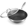 12.6 Inch Stainless Steel Honeycomb Wok Pan with Standing Glass Lid, Flat Bottom Stir Fry Pan for Induction, Gas & Electric Stoves, Physical Stick-Resistant Surface, Dishwasher Safe