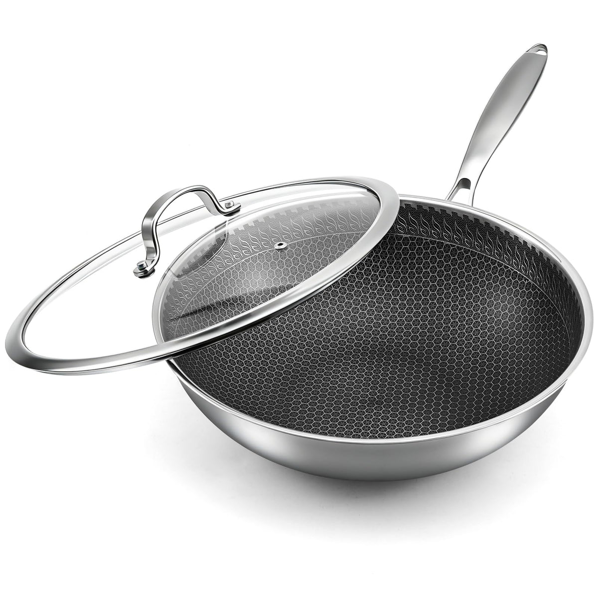 12.6 Inch Stainless Steel Honeycomb Wok Pan with Standing Glass Lid, Flat Bottom Stir Fry Pan for Induction, Gas & Electric Stoves, Physical Stick-Resistant Surface, Dishwasher Safe