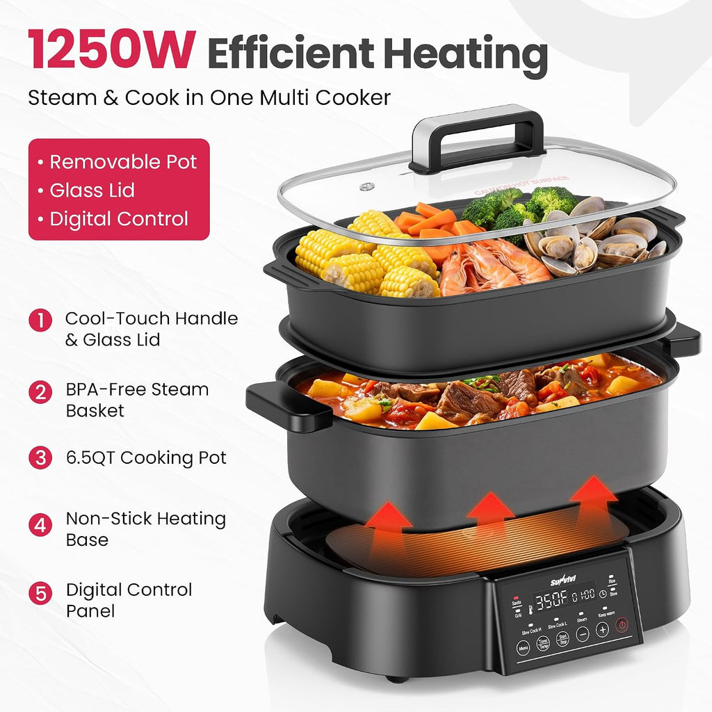 Sunvivi 8-in-1 Multi Cooker, 6.5QT Slow Cooker with Food Steamer