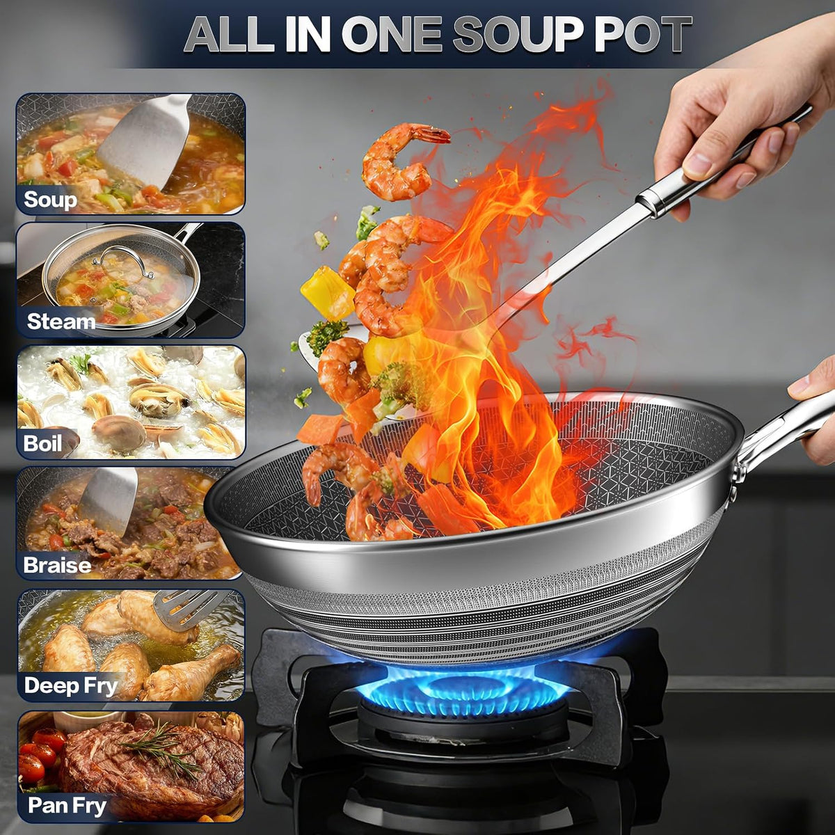 Wok Pan - 304 Stainless Steel Woks & Stir-fry Pans Nonstick - Hybrid 10.8 inch Nonstick Wok with Lid for Induction, All Stoves, PFOA-Free Cookware, Kitchen Essentials, Dishwasher and Oven Safe