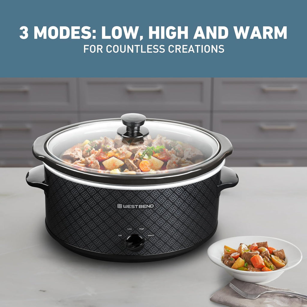 West Bend Slow Cooker 6-Quart Manual Crockery Style with Dishwasher Safe Oval Ceramic Crockpot and Glass Lid Two Temperature Settings Plus Keep Warm, 330-Watts, Black