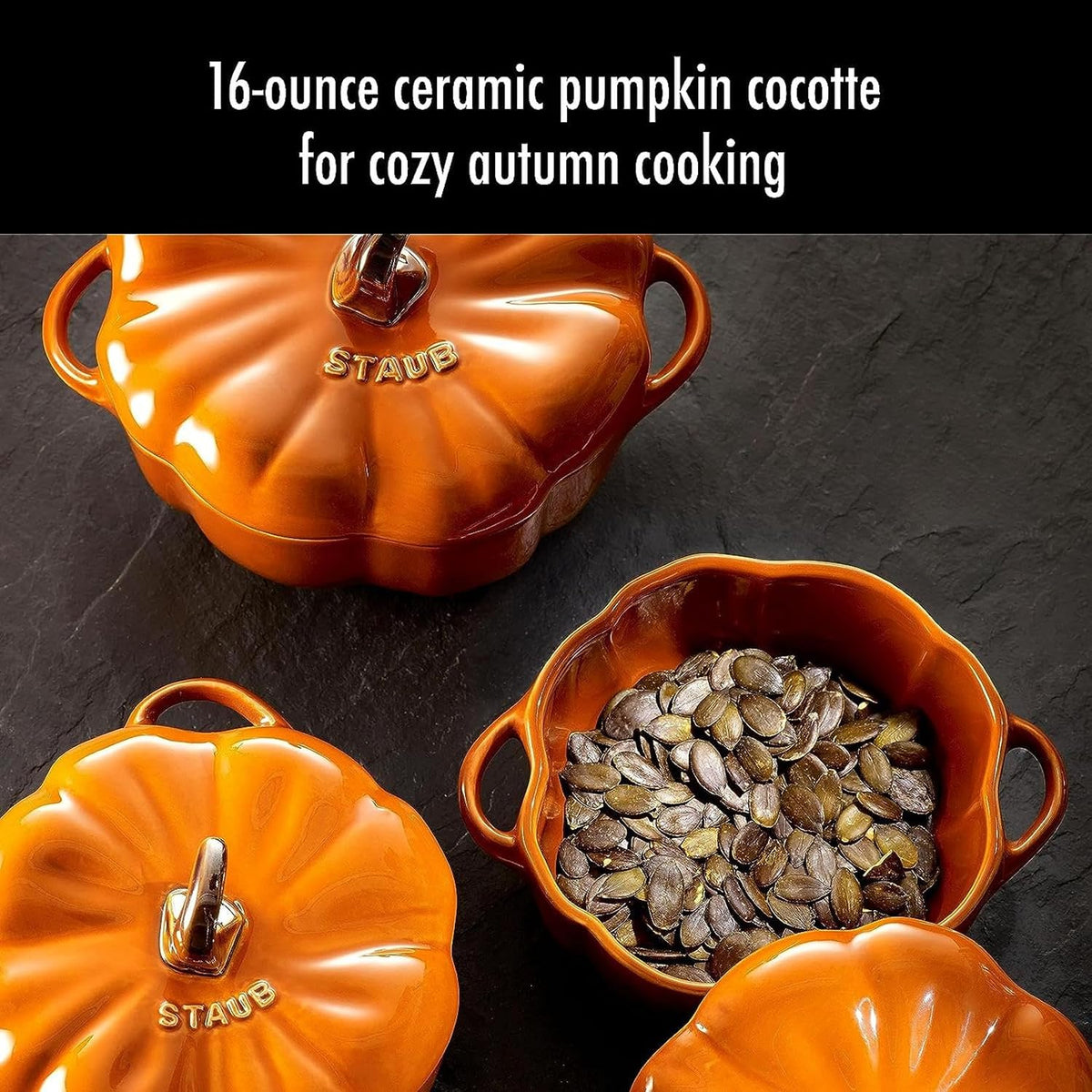 STAUB Ceramic 0.75-qt Petite Pumpkin, Oven & Stove Safe up to 572°F, Pumpkin Dish, Baking Candy Burnt Orange
