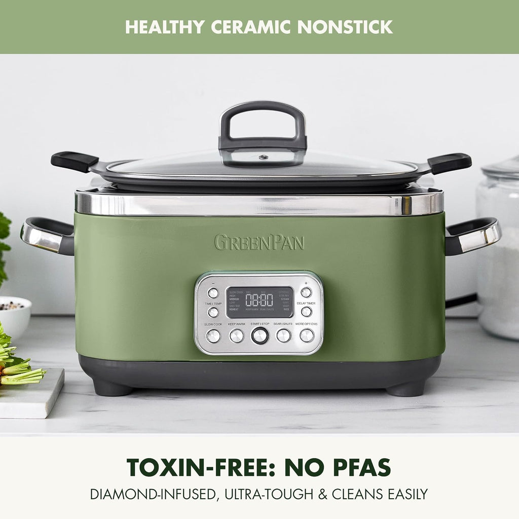 GreenPan Elite 14-in-1 Nonstick 6QT Electric Slow Cooker, PFAS-Free Ceramic Multi-Cooker, In-Pot Browning, Dishwasher Safe Lid & Removable Crock, Stainless Steel Steamer, Silicone Handles, Sage Green