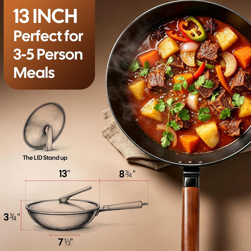 AOSION 13'' Carbon Steel Wok, 12 Piece Wok Pan & Stir-Fry Pans Set with Lid