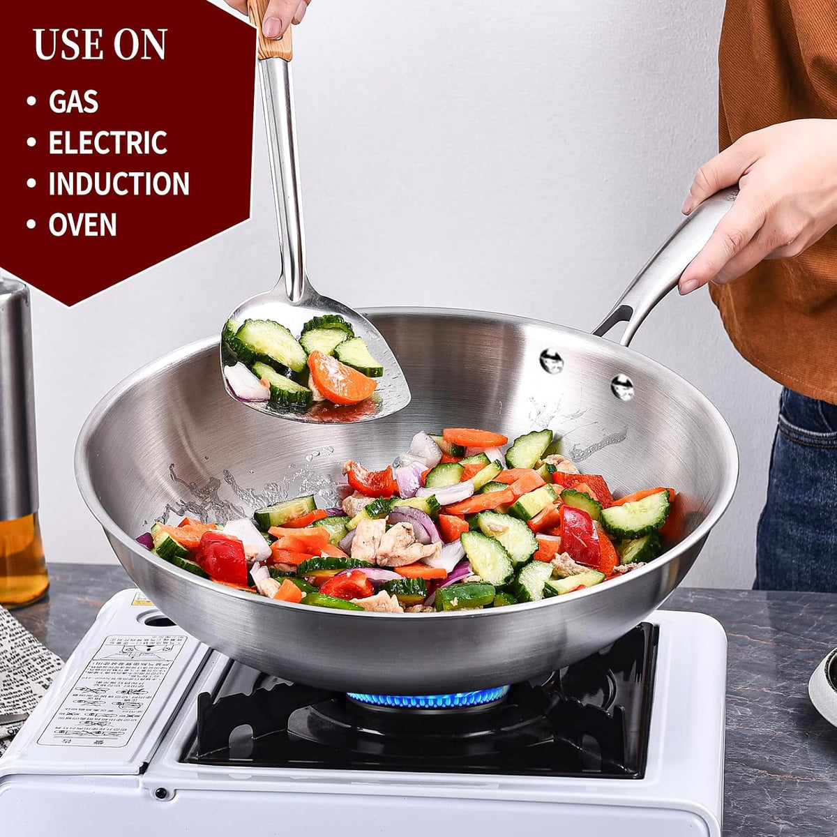 LOLYKITCH 10-Inch Stainless Steel Wok with Glass Lid | Riveted Handle