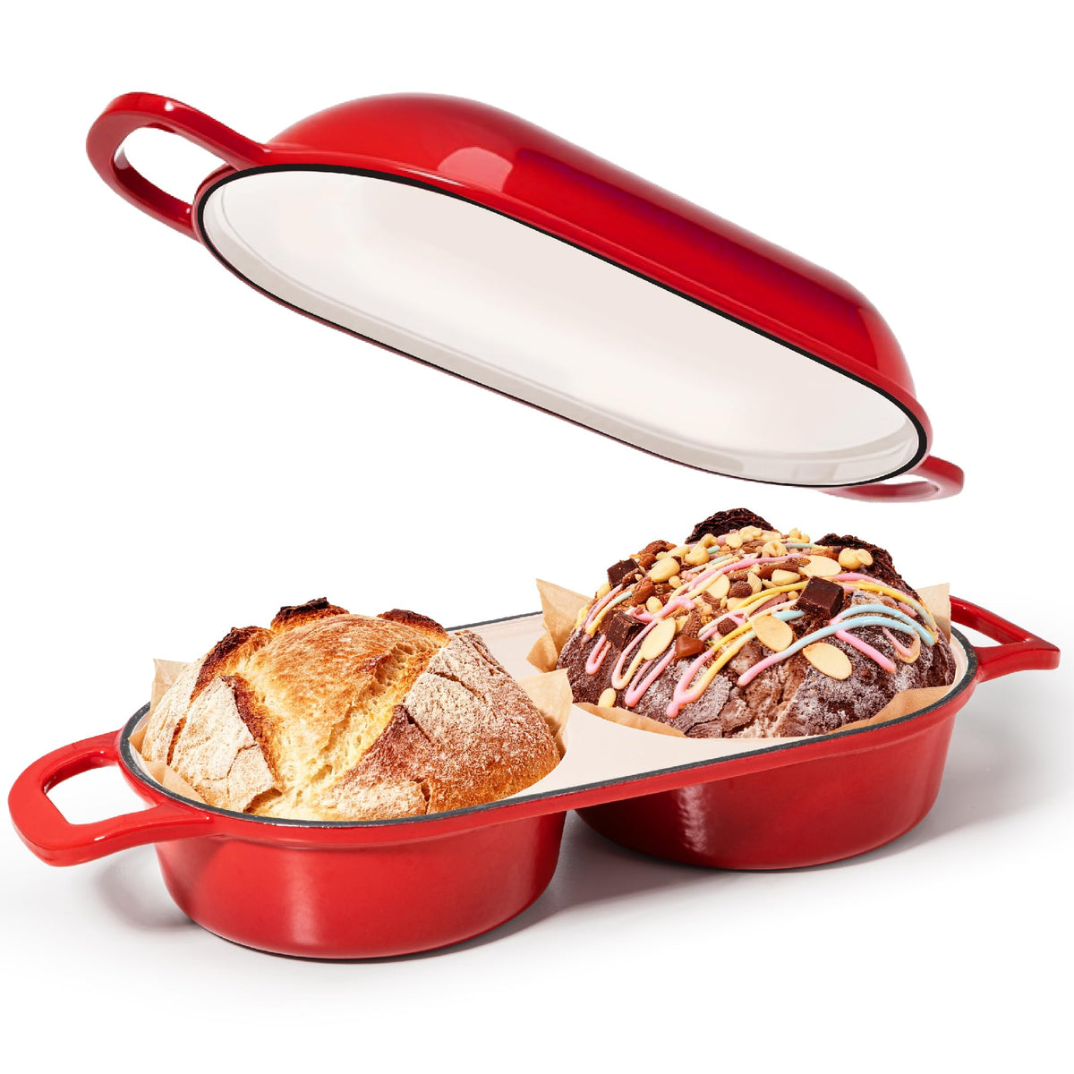 Double Dutch Oven for Sourdough Bread Baking, Cast Iron Dutch Oven [Red]