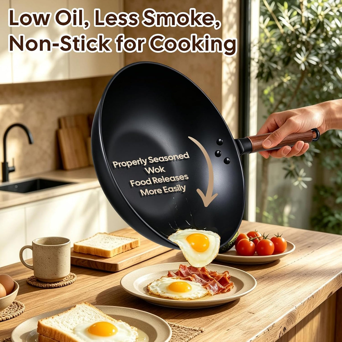 AOSION 13'' Carbon Steel Wok, 12 Piece Wok Pan & Stir-Fry Pans Set with Lid