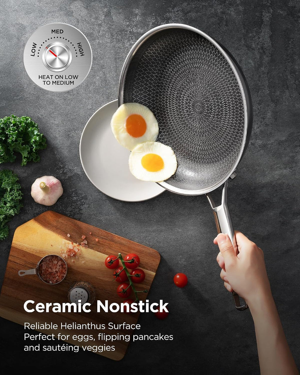 Wok pan with Lid, Hybrid Ceramic 13 Inch Tri-Ply Stainless Steel Woks