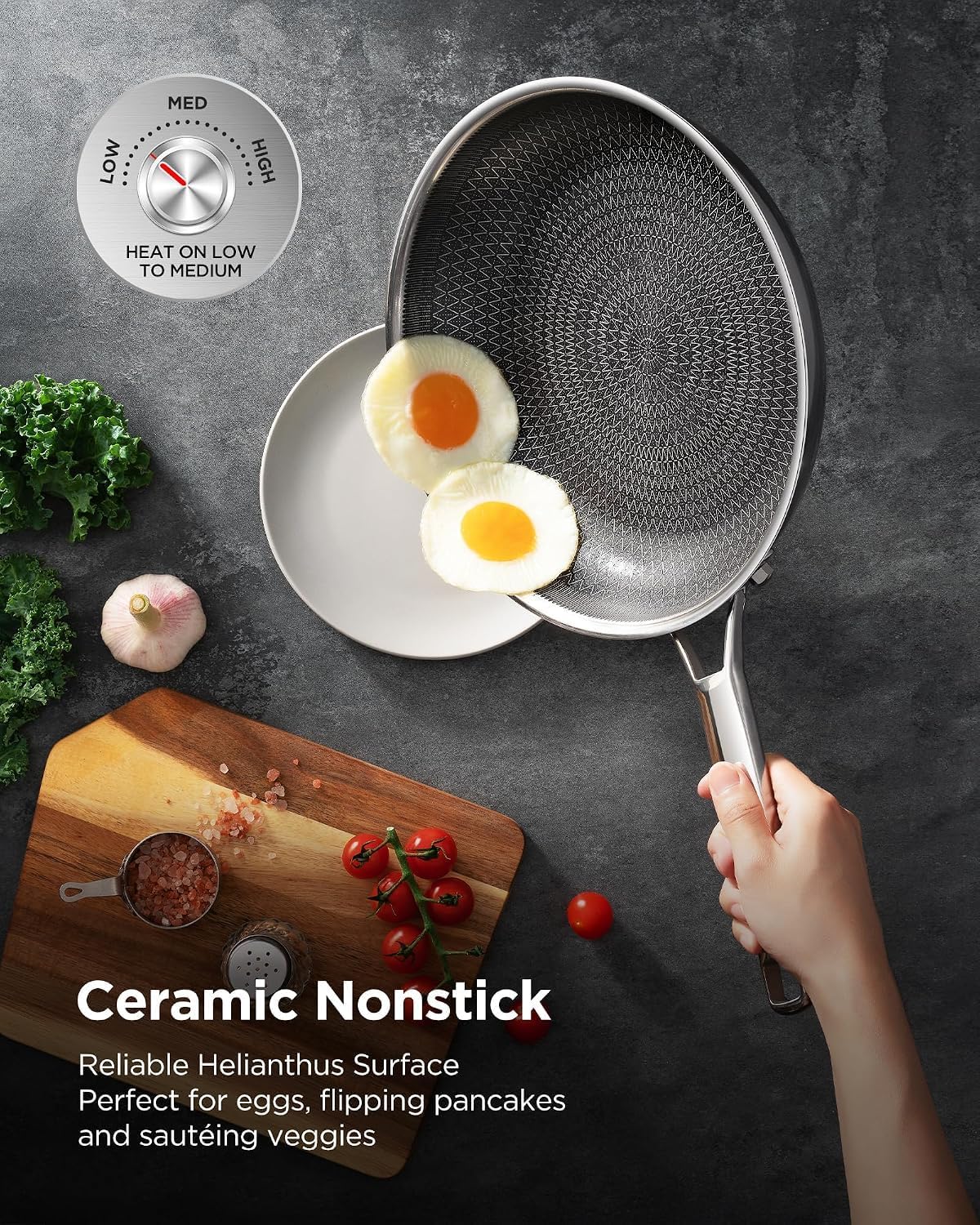 Wok pan with Lid, Hybrid Ceramic 13 Inch Tri-Ply Stainless Steel Woks