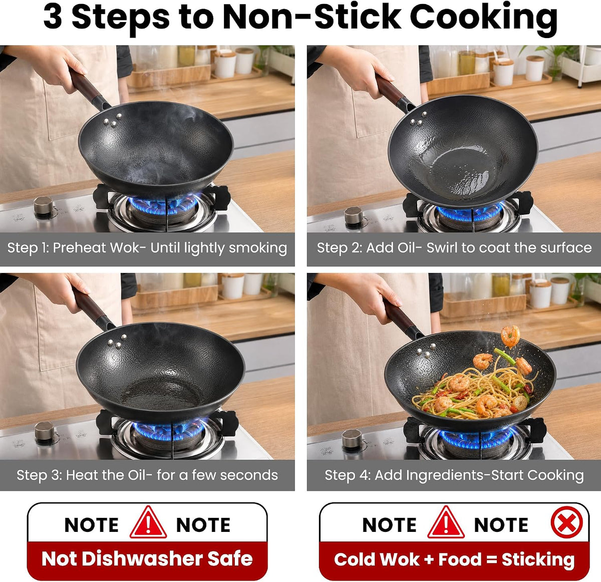 13 Inch Carbon Steel Wok with Lid, Large Flat Bottom Woks & Stir-Fry Pan