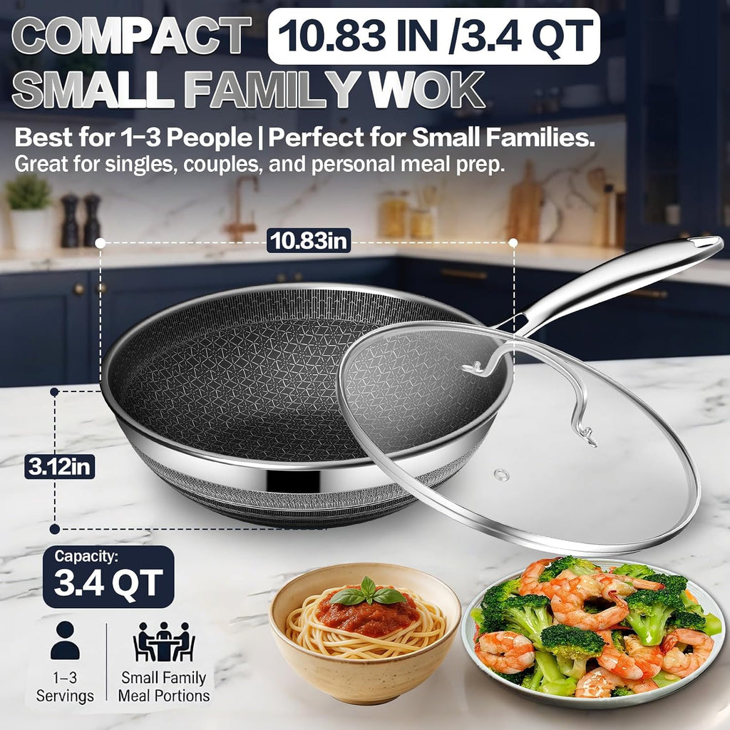 Wok Pan - 304 Stainless Steel Woks & Stir-fry Pans Nonstick - Hybrid 10.8 inch Nonstick Wok with Lid for Induction, All Stoves, PFOA-Free Cookware, Kitchen Essentials, Dishwasher and Oven Safe