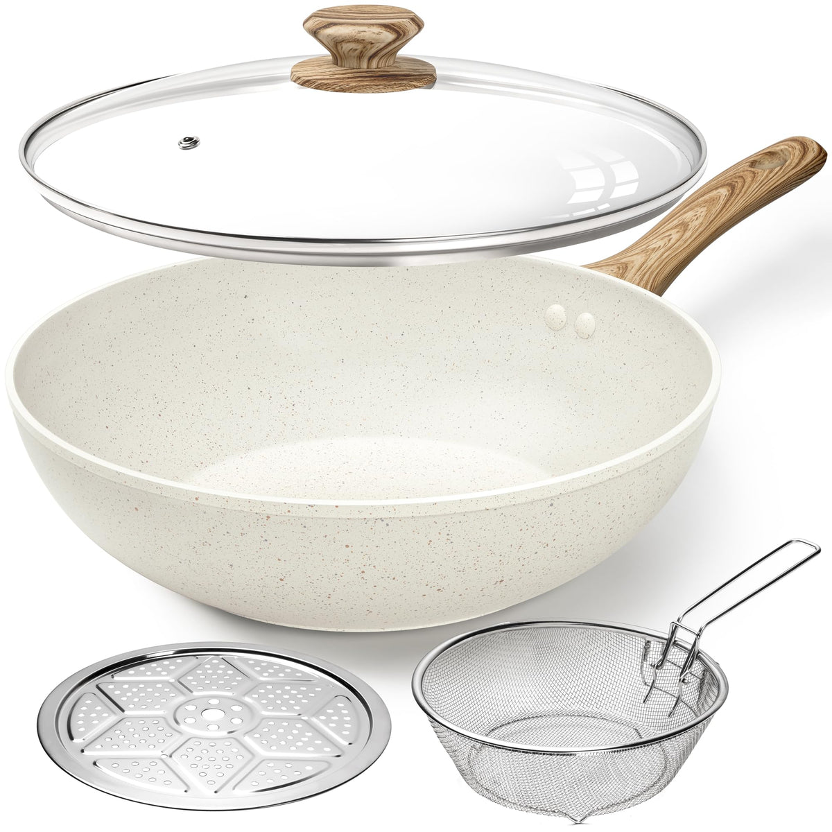 MICHELANGELO 12 Inch Wok Pan with Lid - Woks & Stir-Fry Pans Nonstick Wok with Lid, Stir Fry Pan with Cool-Touch Handle, Induction Wok Set with Stainless Steamer & Fryer Basket