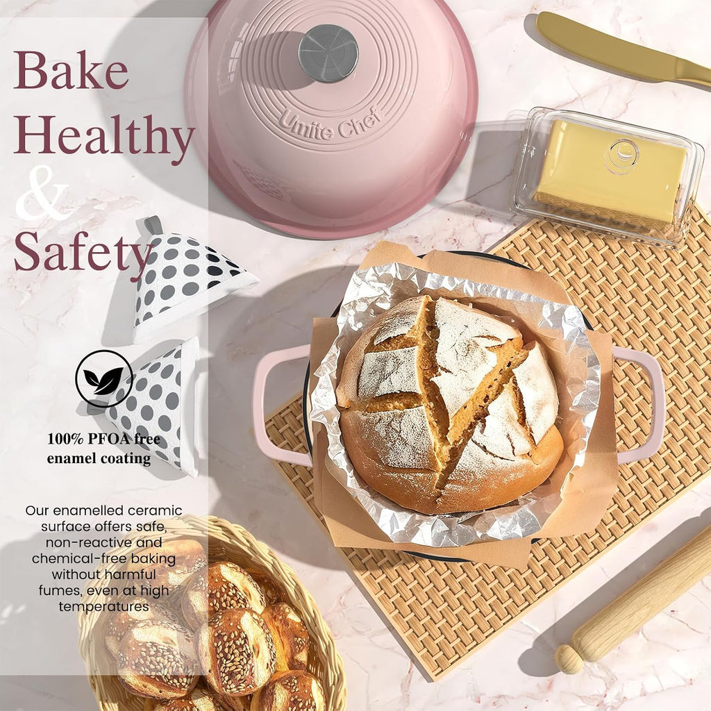 Cast Iron Dutch Oven Pot with Lid, Round Bread Oven for Sourdough Bread Baking, Umite Chef Enameled Cast Iron Bread Oven with Dome Lid & Cotton Potholders for Sourdough, Pink, 6 Quarts