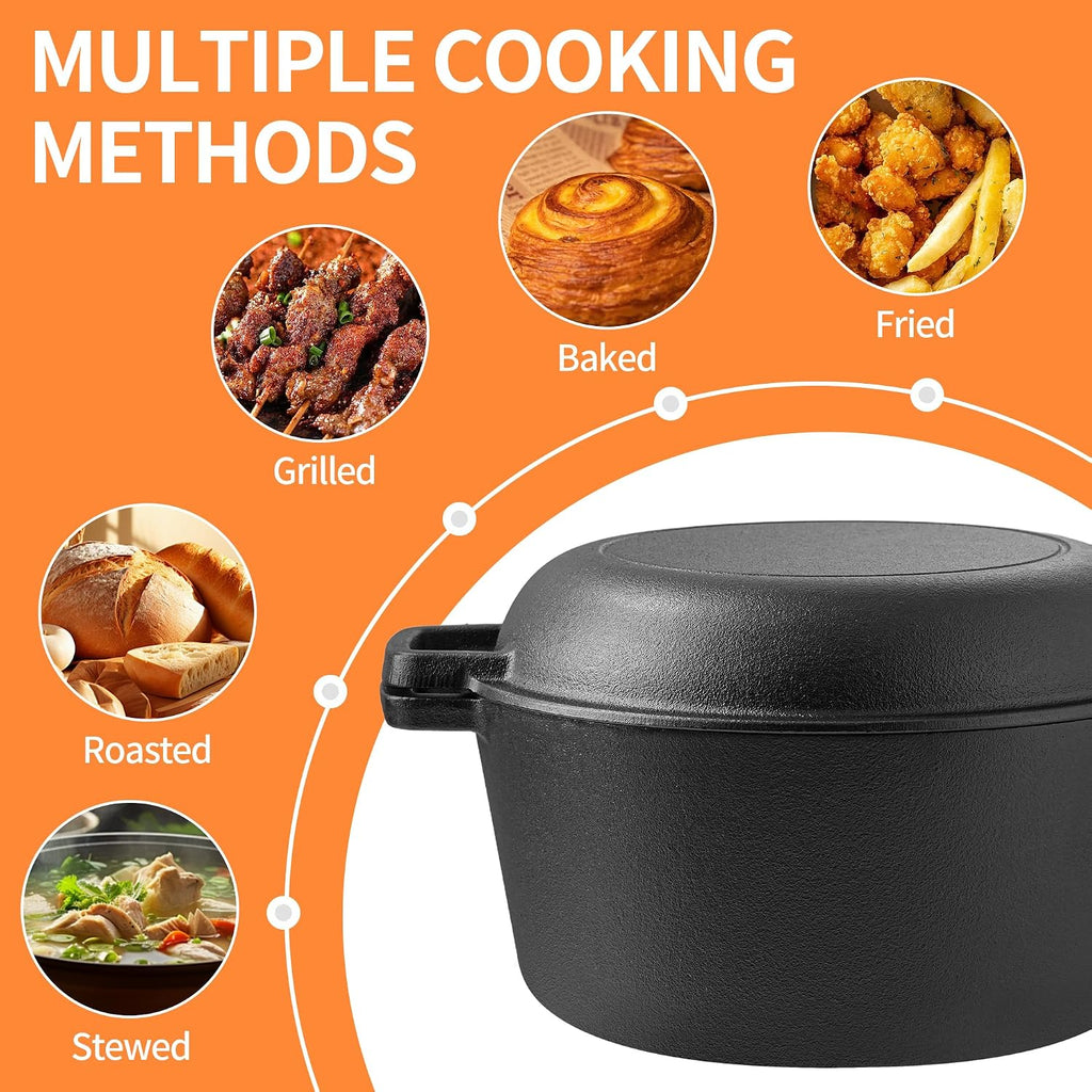 Vivicreate 5 QT Cast Iron Dutch Oven 2 in 1 Pre Seasoned with Skillet Lid Oven Safe Campfire Baking Sourdough Bread Camping Cookware Ollas de Hierro Fundido Para Cocinar Olla de Cocina Grande