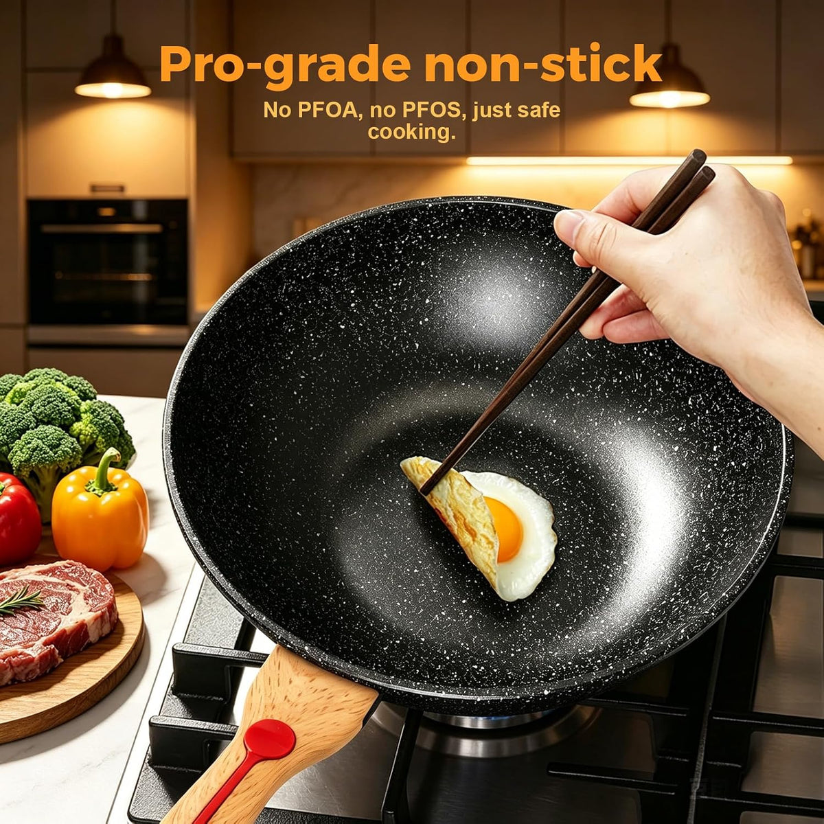 ITSMILLERS Nonstick Wok Aluminium Die-casting Chinese Wok, Scratch Resistant With Lid, PFOA-Free, Dishwasher Safe & Induction Bottom,11.8 Inch,5QT,Large Capacity
