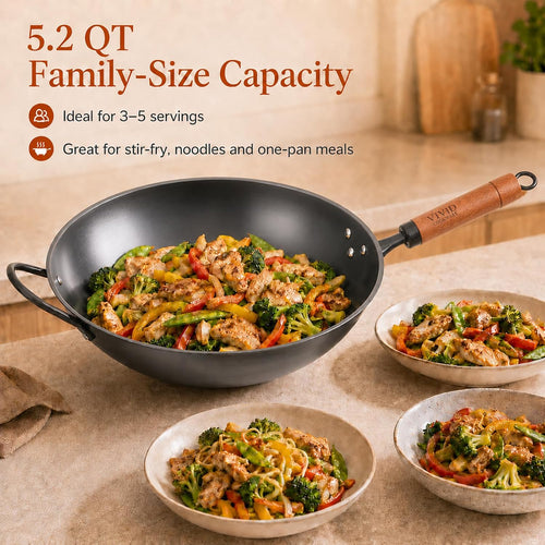 12.6 Inch Carbon Steel Wok with Lid, Flat Bottom Induction Wok Pan, Non-Coated Stir Fry Wok Skillet with Helper Handle, Gas Electric Ceramic Halogen Compatible, Includes Iron Wok Spatula