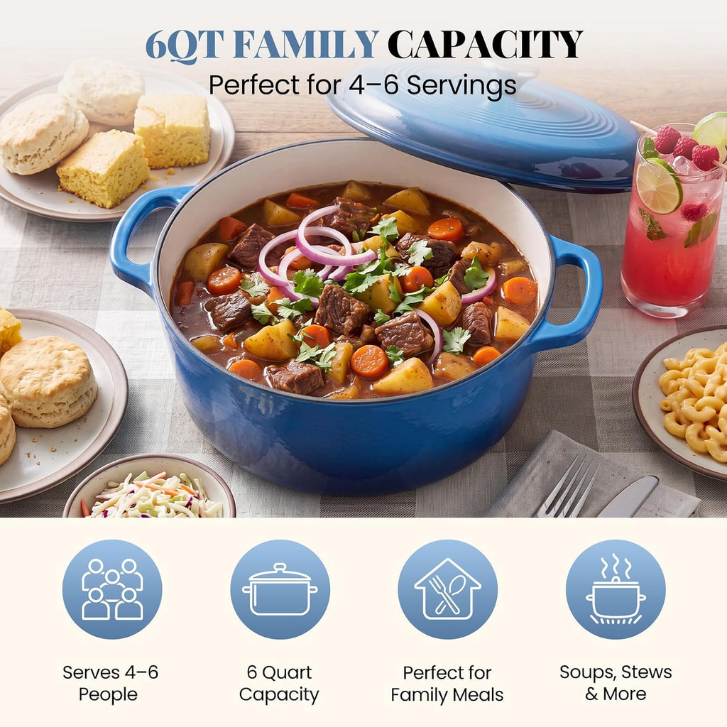DUMOS Enamel Cast Iron Dutch Oven, 6 Quart Pot with Lid, Gradient Blue