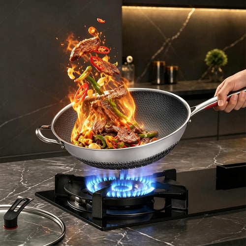 14-Inch Stainless Steel Wok Pan with Glass Lid, Tri-Ply Nonstick Wok