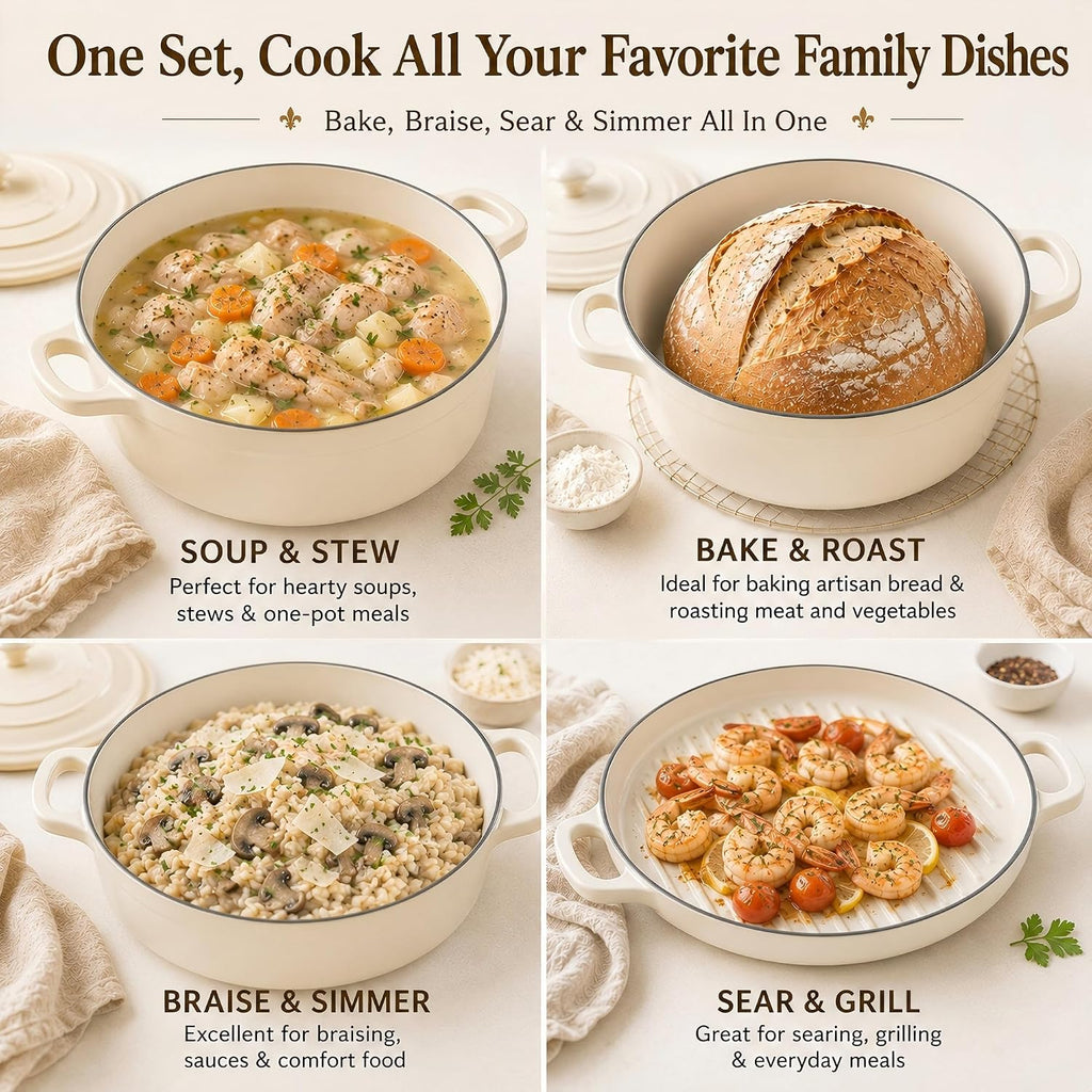 AHJ Enameled Cast Iron Dutch Oven Set - 4 Piece Cookware Set with Lids