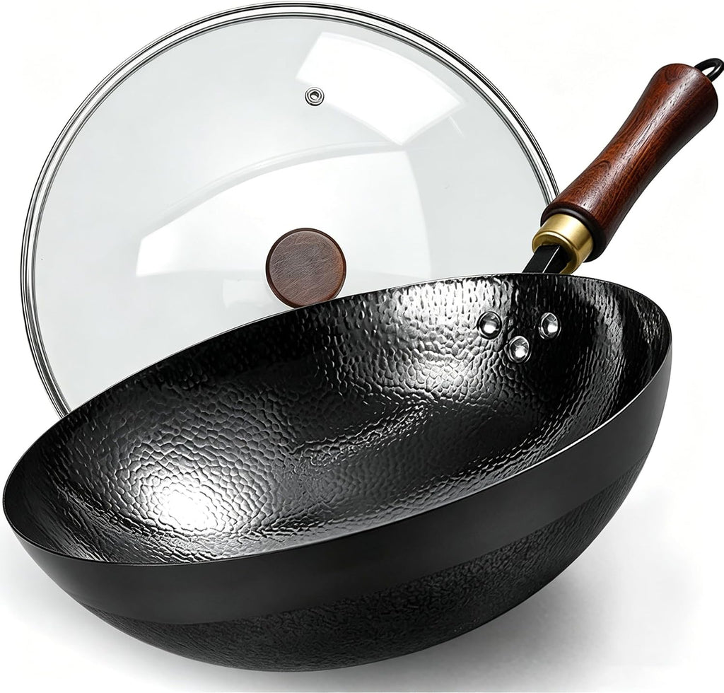 Carbon Steel Wok Pan, 13.4-Inch Nonstick Pre-Seasoned Woks & Stir-Fry Pans with Glass Lid, No Chemical Coated Wok Round Bottom Hand Hammered Chinese Wok for Gas Stoves