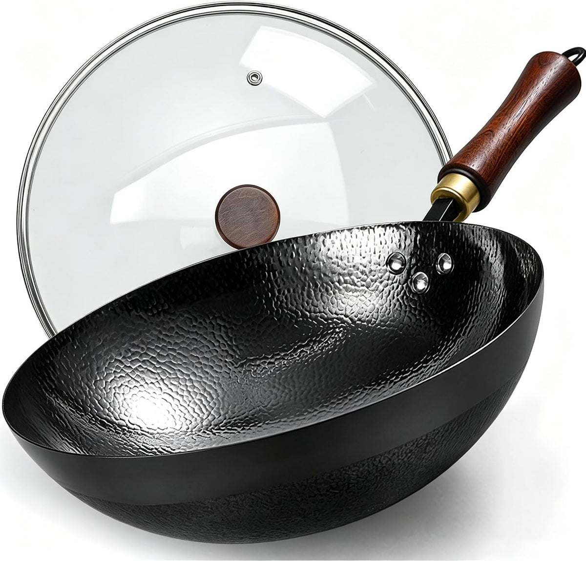 Carbon Steel Wok Pan, 13.4-Inch Nonstick Pre-Seasoned Woks & Stir-Fry Pans with Glass Lid, No Chemical Coated Wok Round Bottom Hand Hammered Chinese Wok for Gas Stoves