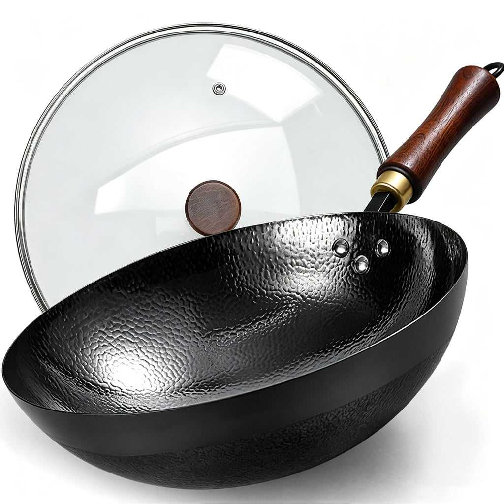Carbon Steel Wok Pan, 13.4-Inch Nonstick Pre-Seasoned Woks & Stir-Fry Pans with Glass Lid, No Chemical Coated Wok Round Bottom Hand Hammered Chinese Wok for Gas Stoves