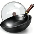 Carbon Steel Wok Pan, 13.4-Inch Nonstick Pre-Seasoned Woks & Stir-Fry Pans with Glass Lid, No Chemical Coated Wok Round Bottom Hand Hammered Chinese Wok for Gas Stoves