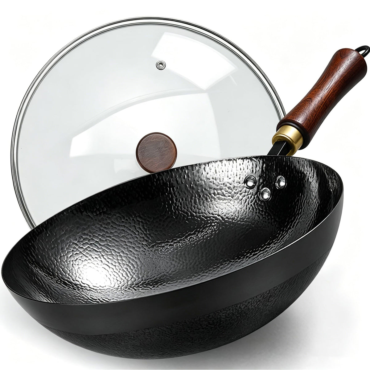 Carbon Steel Wok Pan, 13.4-Inch Nonstick Pre-Seasoned Woks & Stir-Fry Pans with Glass Lid, No Chemical Coated Wok Round Bottom Hand Hammered Chinese Wok for Gas Stoves