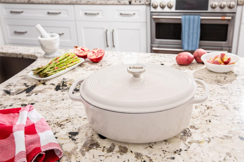 Lodge Enameled Cast Iron Oval Dutch Oven with Lid, 7 Quart, Oyster White