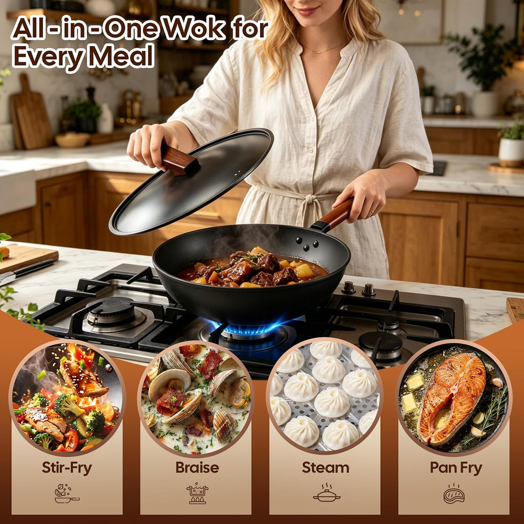 AOSION 13'' Carbon Steel Wok, 12 Piece Wok Pan & Stir-Fry Pans Set with Lid