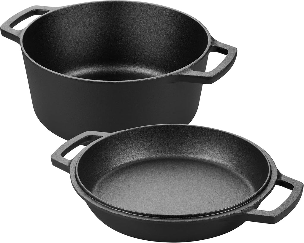 VORRINGARD Pre-seasoned Cast Iron Double Dutch Oven Pot with Skillet Lid, Dual-handle, for Bread Baking, Outdoor, Campfire Cooking, 5 Quart