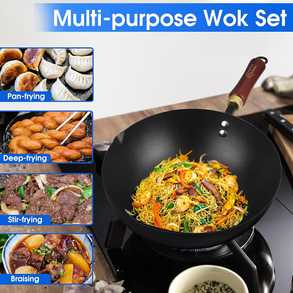 Souped Up Recipes 10 Inch Carbon Steel Wok For Electric, Induction and Gas Stoves (Lid and User Guide Video Included)