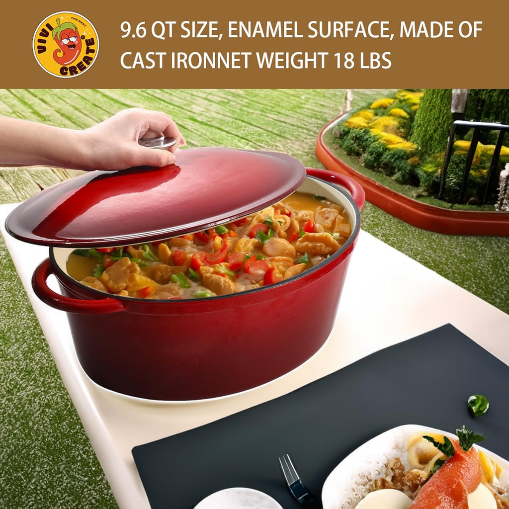 Vivicreate 9.6 QT enamel cast iron dutch oven, red gradient color,cast iron pot (9.6 QT)