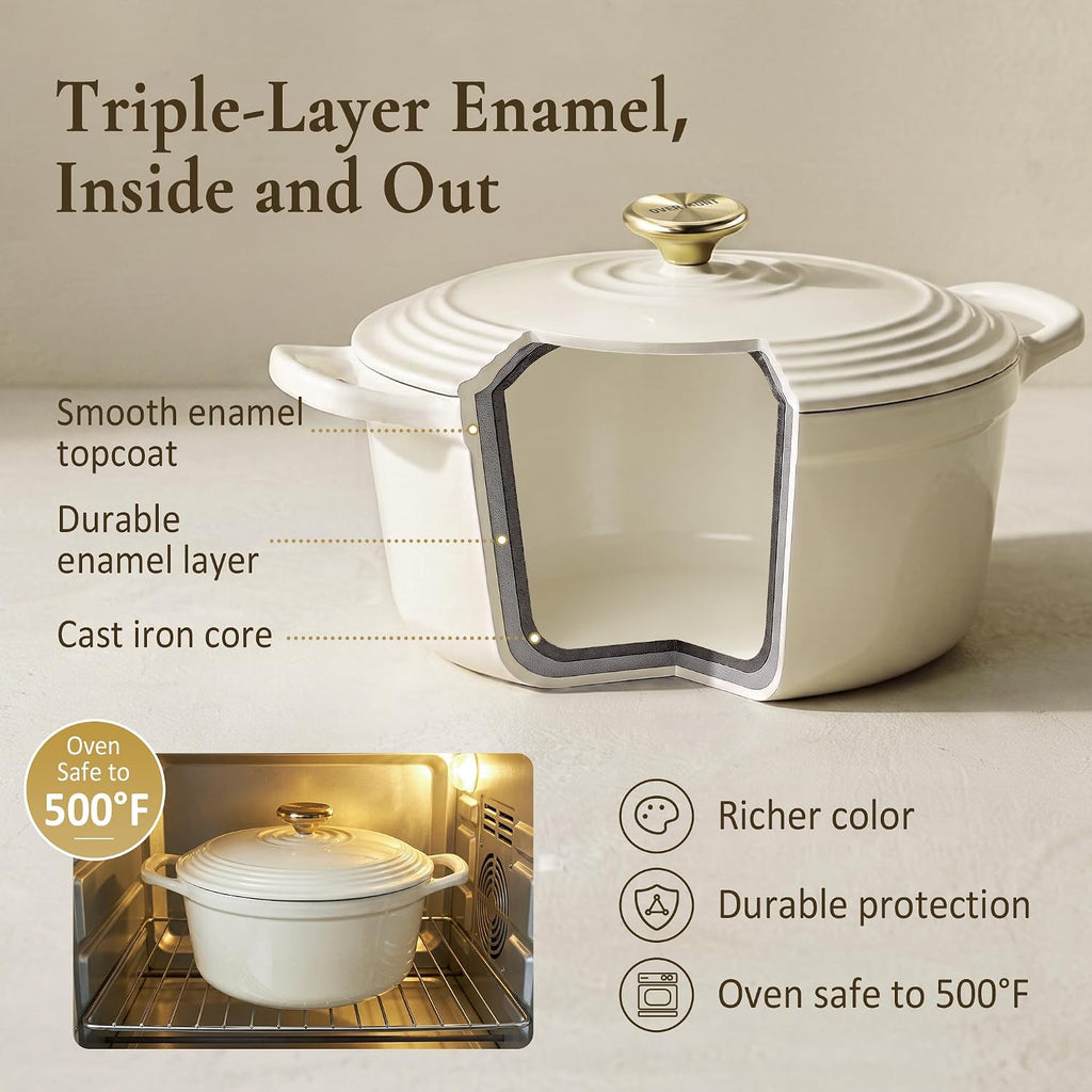 Overmont Enameled Cast Iron Dutch Oven - 5.5QT Pot with Lid Cookbook & Cotton Potholders - Heavy-Duty Cookware for Braising, Stews, Roasting, Sourdough Baking White